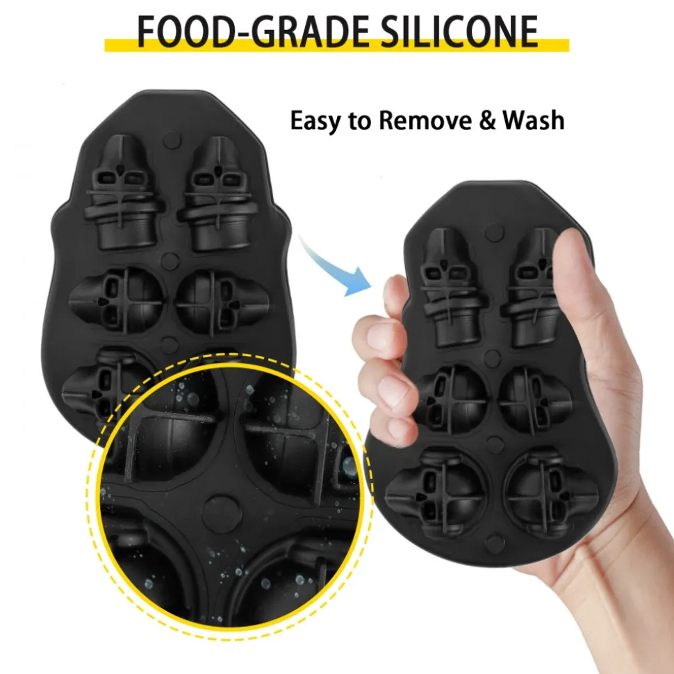 VEVOR Skull Ice Cube Tray, 6-Grid Skull Ice Ball Maker, Flexible Black Silicone Ice Tray with Lid & Funnel, Skull Ice Cubes in 3 Distinct Patterns for Beverages & Chocolates on Parties & Holidays
