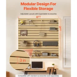 VEVOR Slat Wall Paneling, 4 x 4ft, MDF Garage Slatwall with Modular Design, Natural Slat Wall Easy-to-Install Adjustable Slatwall Panel with Coupling Structure & DIY Cutting, Fit for Storage & Display