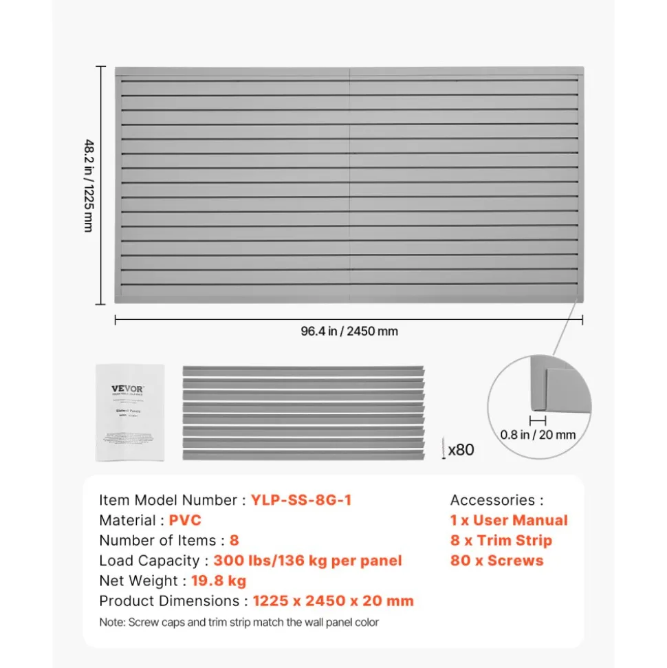 VEVOR Slat Wall Paneling, 8 x 4 ft, PVC Garage Slatwall with Modular Design, Grey Slat Wall Easy-to-Install Adjustable Slatwall Panel with Coupling Structure & DIY Cutting, Fits for Storage & Display