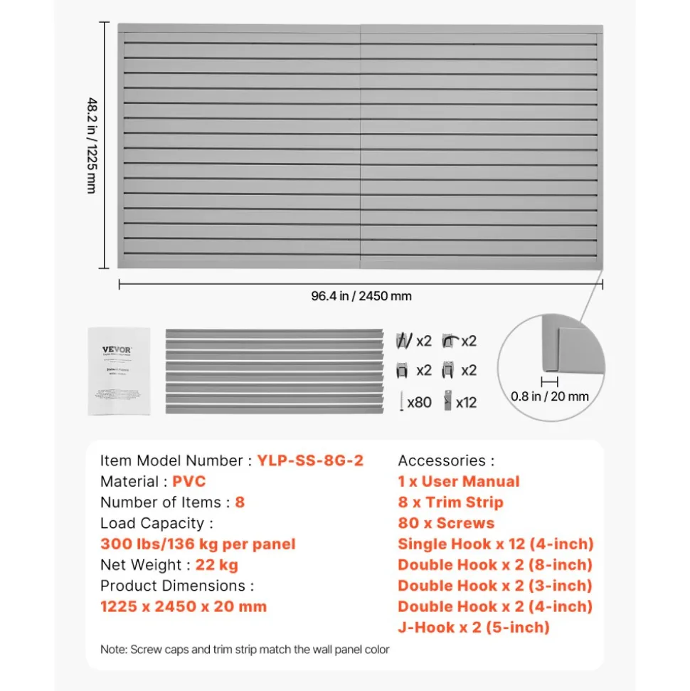 VEVOR Slat Wall Paneling, 8 x 4 ft, PVC Garage Slatwall with Accessories, Grey Slat Wall Easy-to-Install Adjustable Slatwall Panel with Coupling Structure & DIY Cutting, Fits for Storage & Display