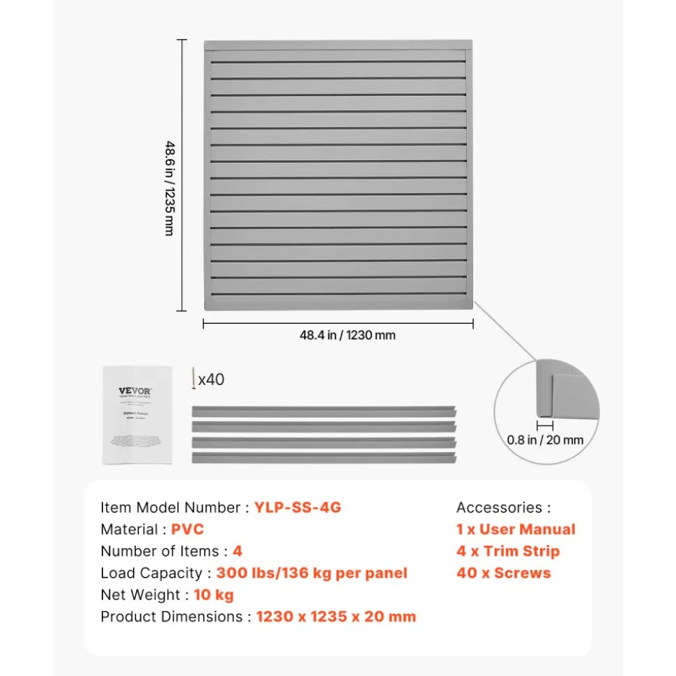 VEVOR Slat Wall Paneling, 4 x 4 ft, PVC Garage Slatwall with Modular Design, Grey Slat Wall Easy-to-Install Adjustable Slatwall Panel with Coupling Structure & DIY Cutting, Fits for Storage & Display