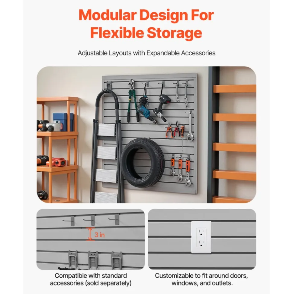 VEVOR Slat Wall Paneling, 4 x 4 ft, PVC Garage Slatwall with Modular Design, Grey Slat Wall Easy-to-Install Adjustable Slatwall Panel with Coupling Structure & DIY Cutting, Fits for Storage & Display