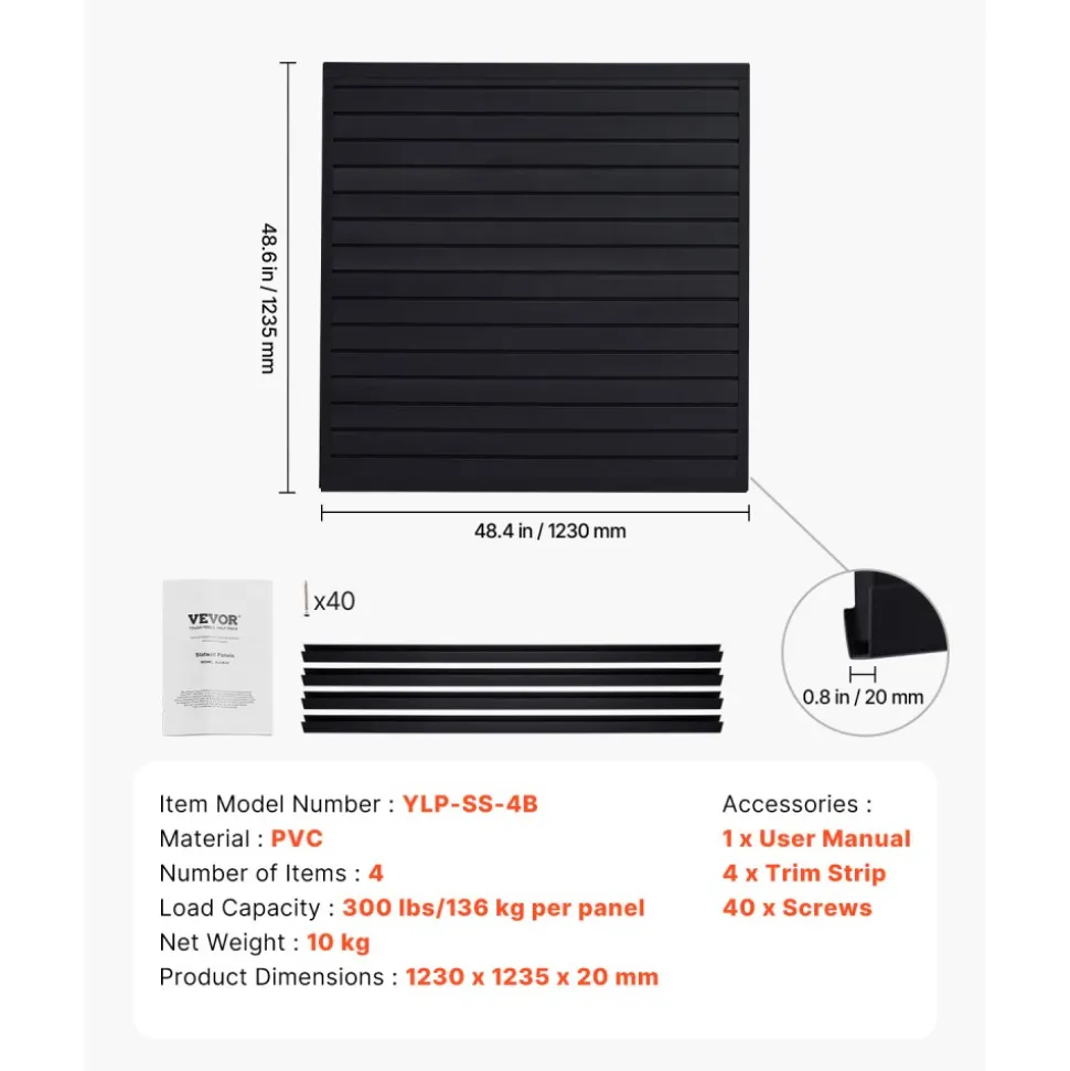 VEVOR Slat Wall Paneling, 4 x 4 ft, PVC Garage Slatwall with Modular Design, Black Slat Wall Easy-to-Install Adjustable Slatwall Panel with Coupling Structure & DIY Cutting, Fits for Storage & Display
