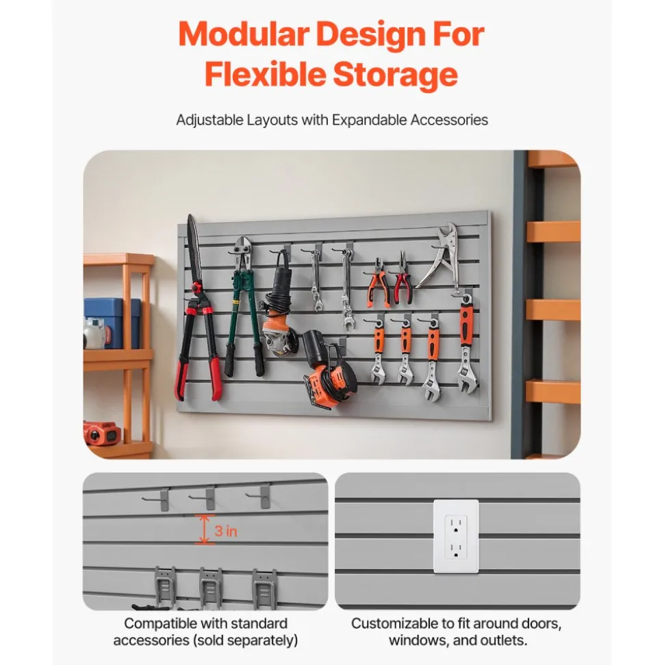 VEVOR Slat Wall Paneling, 2 x 4 ft, PVC Garage Slatwall with Modular Design, Grey Slat Wall Easy-to-Install Adjustable Slatwall Panel with Coupling Structure & DIY Cutting, Fits for Storage & Display