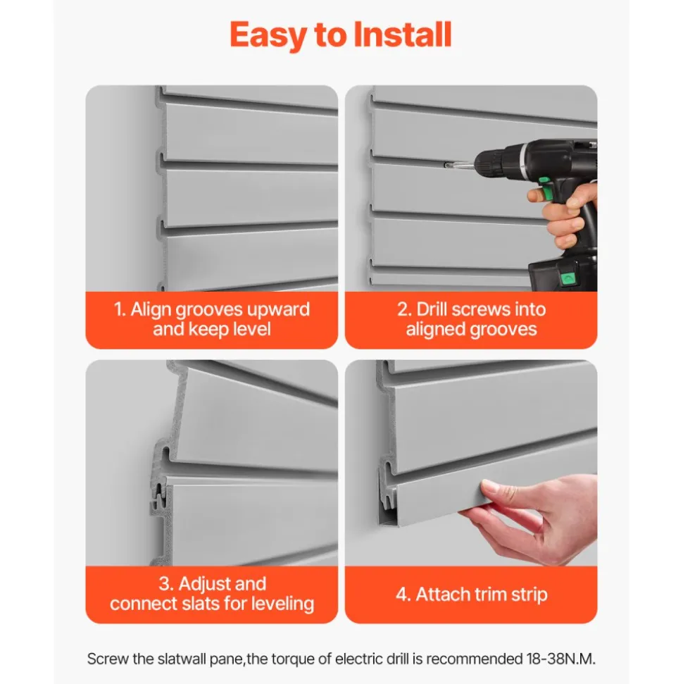 VEVOR Slat Wall Paneling, 2 x 4 ft, PVC Garage Slatwall with Modular Design, Grey Slat Wall Easy-to-Install Adjustable Slatwall Panel with Coupling Structure & DIY Cutting, Fits for Storage & Display
