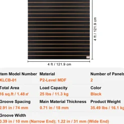 VEVOR Slatwall Panels, 4 ft x 2 ft Black Garage Wall Panels 24