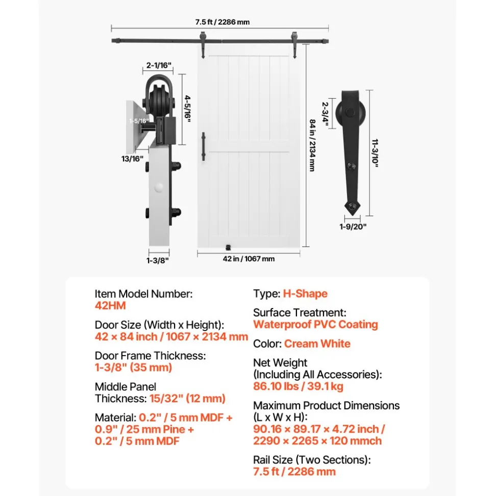 VEVOR Sliding Barn Door, 42 x 84 inch, High-Strength MDF Panel, Barn Door with Hardware Kit, Water-Proof PVC Surface, Easy to Install, H-Frame, Smoothly and Quietly Sliding for Living Room, Bathroom