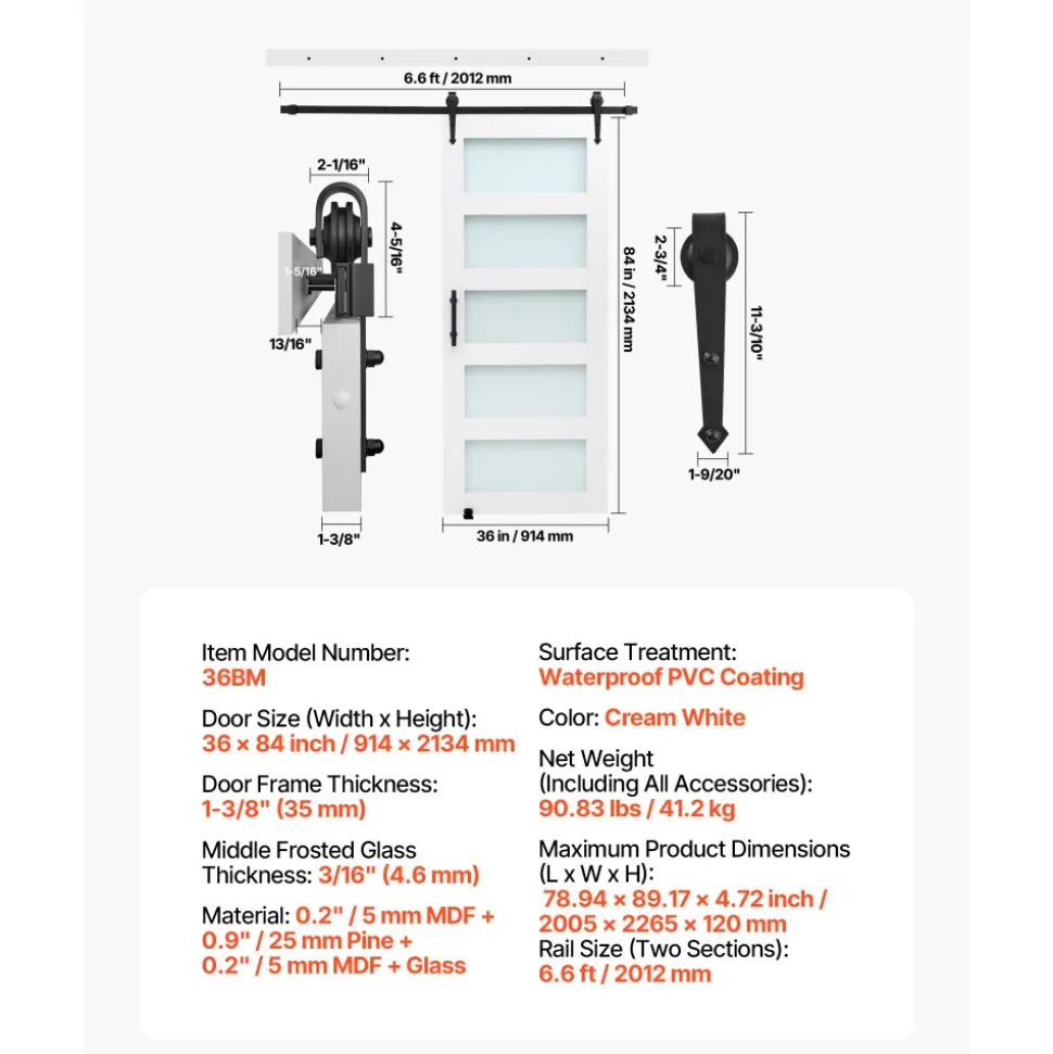 VEVOR Sliding Barn Door, 36 x 84 inch, High-Strength MDF Panel, Barn Door with Hardware Kit, Water-Proof PVC Surface, Easy to Install, H-Frame, Smoothly and Quietly Sliding for Living Room, Bathroom