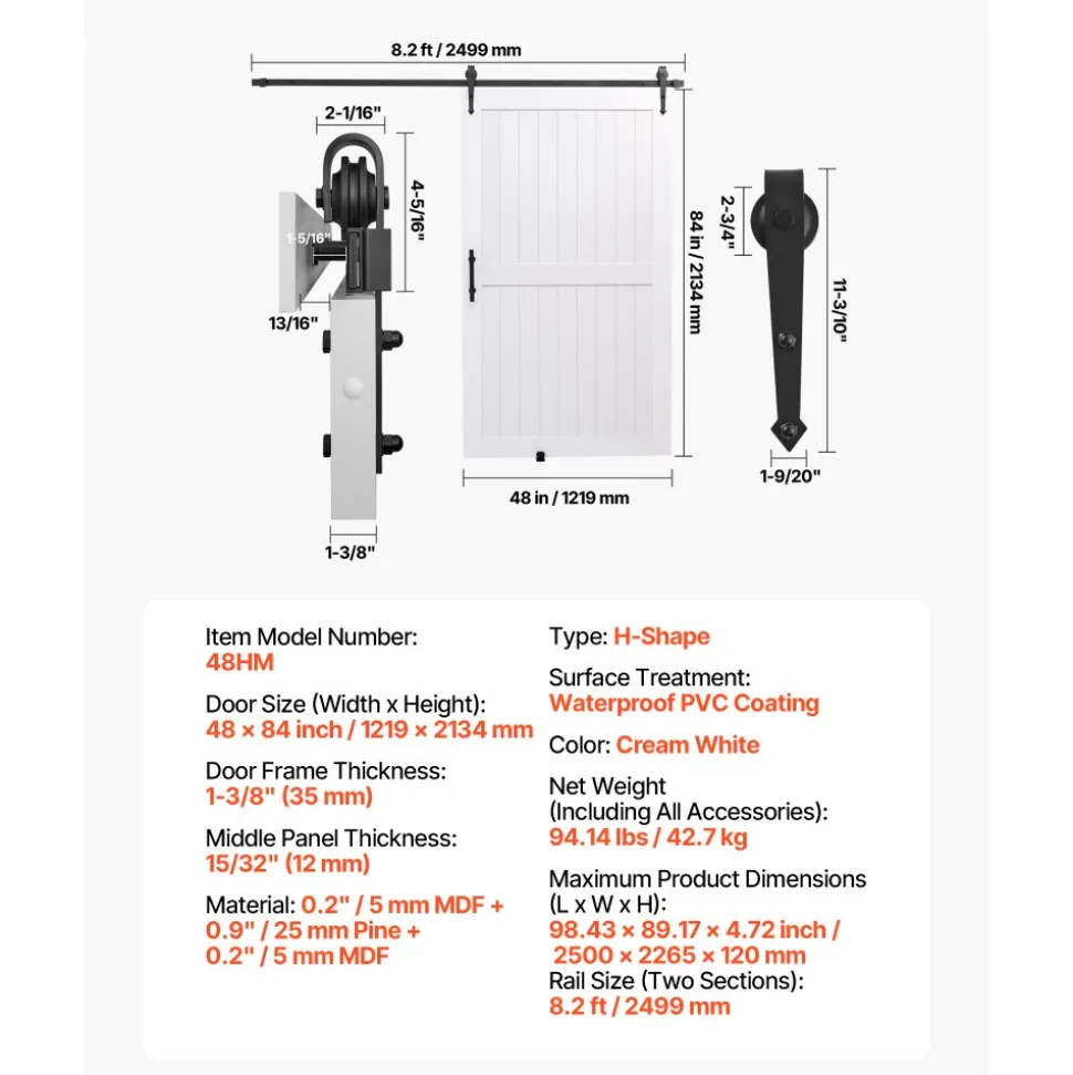 VEVOR Sliding Barn Door, 48 x 84 inch, High-Strength MDF Panel, Barn Door with Hardware Kit, Water-Proof PVC Surface, Easy to Install, H-Frame, Smoothly and Quietly Sliding for Living Room, Bathroom