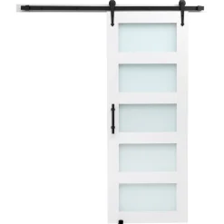 VEVOR Sliding Barn Door, 32 x 84 inch, High-Strength MDF Panel and Glass, Barn Door with Hardware Kit, Water-Proof PVC Surface, Easy to Install, H-Frame, Smoothly and Quietly Sliding for Living Room