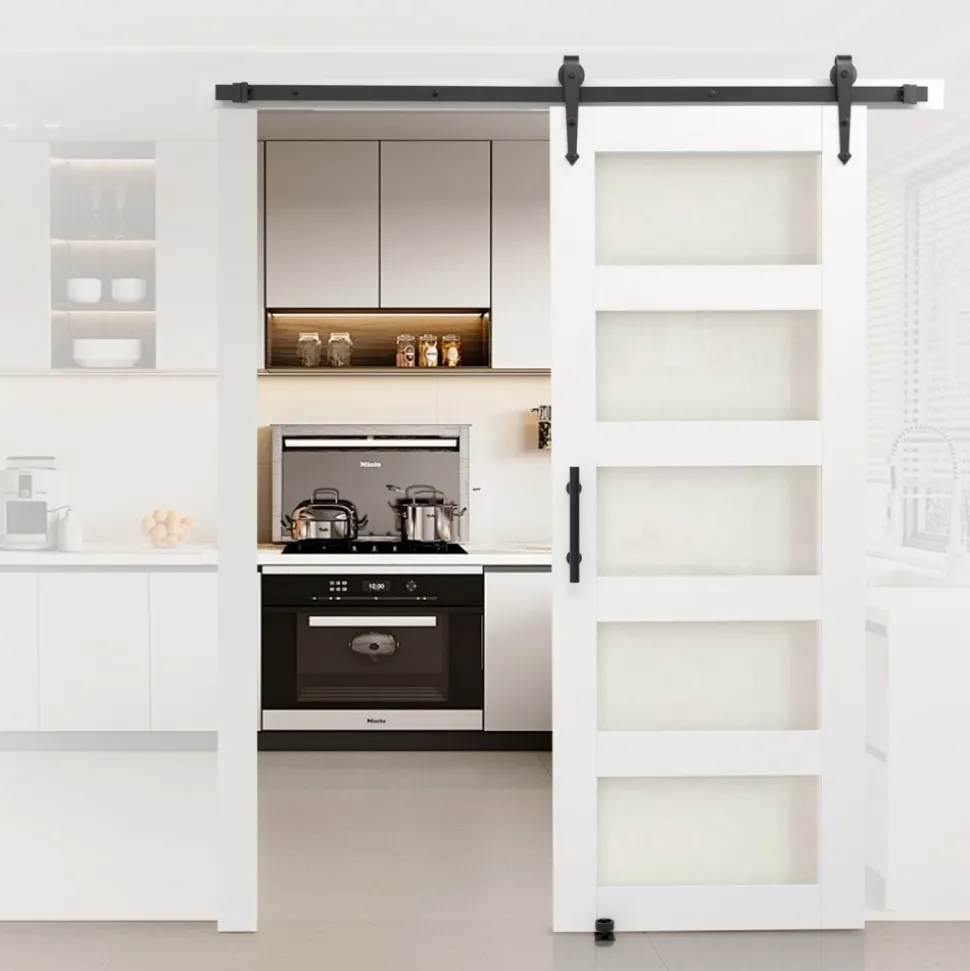 VEVOR Sliding Barn Door, 32 x 84 inch, High-Strength MDF Panel and Glass, Barn Door with Hardware Kit, Water-Proof PVC Surface, Easy to Install, H-Frame, Smoothly and Quietly Sliding for Living Room