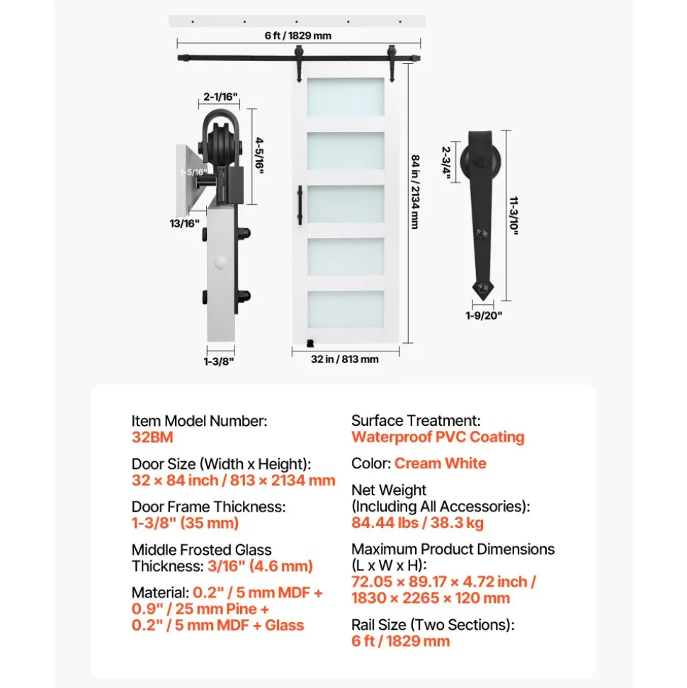 VEVOR Sliding Barn Door, 32 x 84 inch, High-Strength MDF Panel and Glass, Barn Door with Hardware Kit, Water-Proof PVC Surface, Easy to Install, H-Frame, Smoothly and Quietly Sliding for Living Room