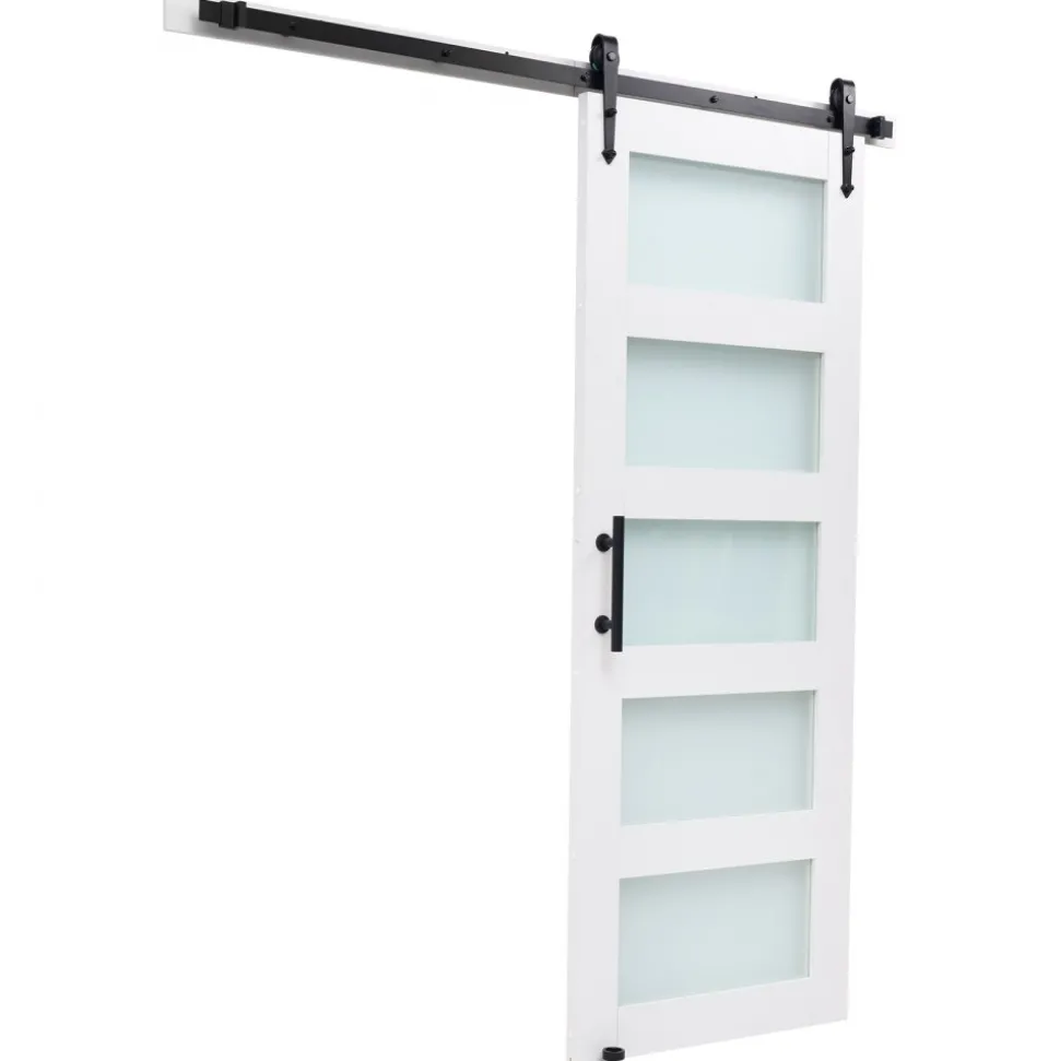 VEVOR Sliding Barn Door, 32 x 84 inch, High-Strength MDF Panel and Glass, Barn Door with Hardware Kit, Water-Proof PVC Surface, Easy to Install, H-Frame, Smoothly and Quietly Sliding for Living Room