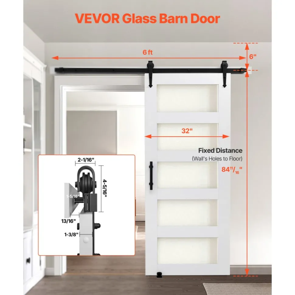 VEVOR Sliding Barn Door, 32 x 84 inch, High-Strength MDF Panel and Glass, Barn Door with Hardware Kit, Water-Proof PVC Surface, Easy to Install, H-Frame, Smoothly and Quietly Sliding for Living Room