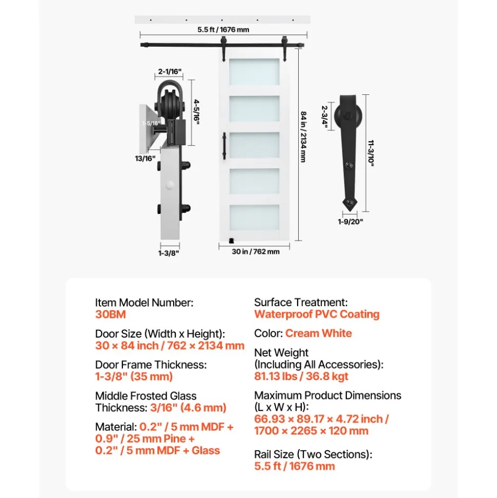 VEVOR Sliding Barn Door, 30 x 84 inch, High-Strength MDF Panel and Glass, Barn Door with Hardware Kit, Water-Proof PVC Surface, Easy to Install, H-Frame, Smoothly and Quietly Sliding for Living Room