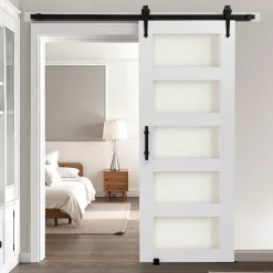 VEVOR Sliding Barn Door, 30 x 84 inch, High-Strength MDF Panel and Glass, Barn Door with Hardware Kit, Water-Proof PVC Surface, Easy to Install, H-Frame, Smoothly and Quietly Sliding for Living Room