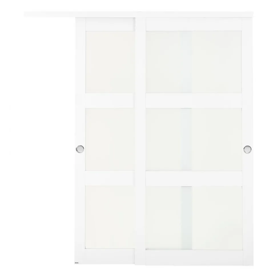 VEVOR Sliding Closet Door, 72" (Double 37") x 80", 3-Lite Frosted Glass Bypass Sliding Doors with Hardware Kit & Floor Guide, Solid Wood & MDF Slab with Water-Proof PVC Surface for Closets Bedrooms