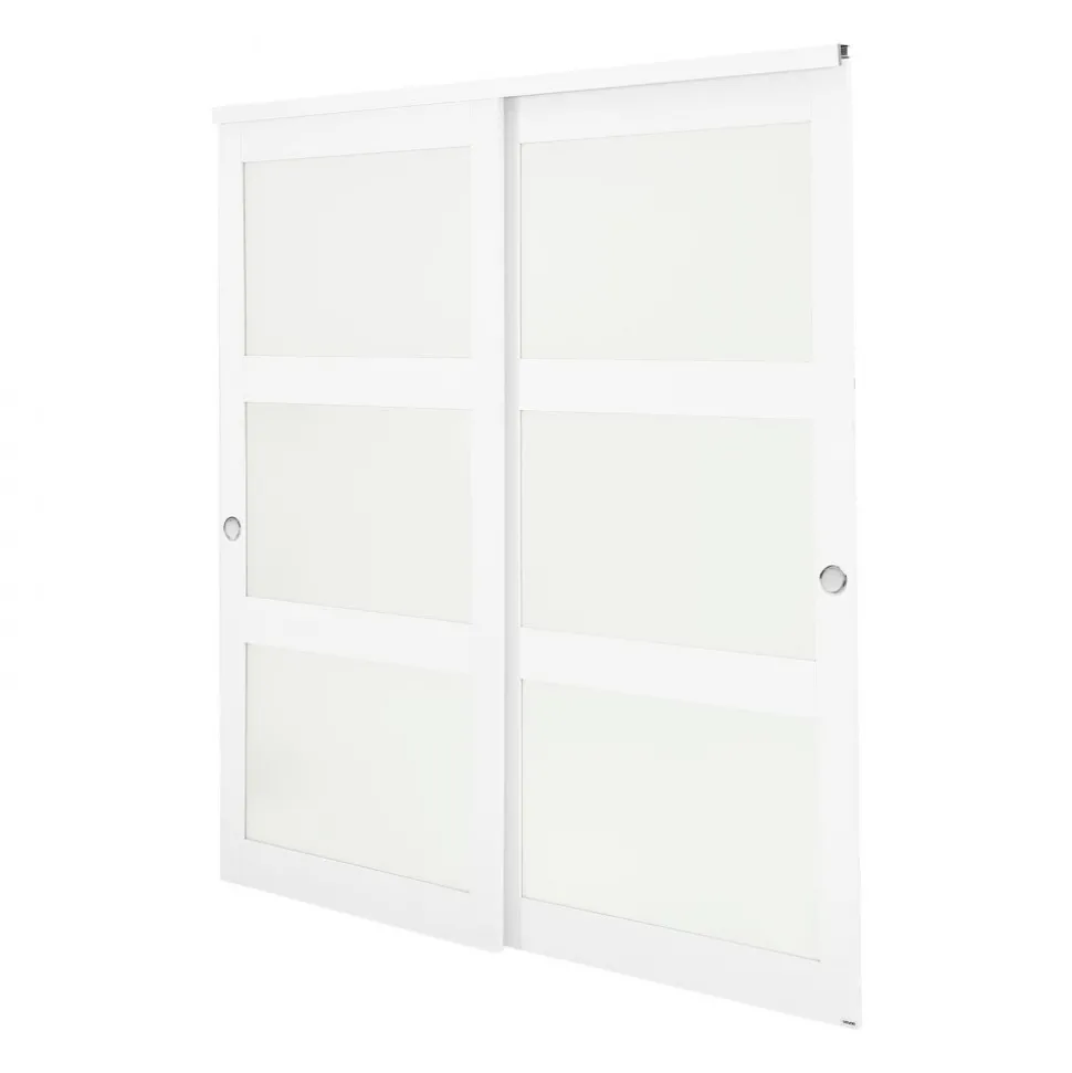 VEVOR Sliding Closet Door, 72" (Double 37") x 80", 3-Lite Frosted Glass Bypass Sliding Doors with Hardware Kit & Floor Guide, Solid Wood & MDF Slab with Water-Proof PVC Surface for Closets Bedrooms