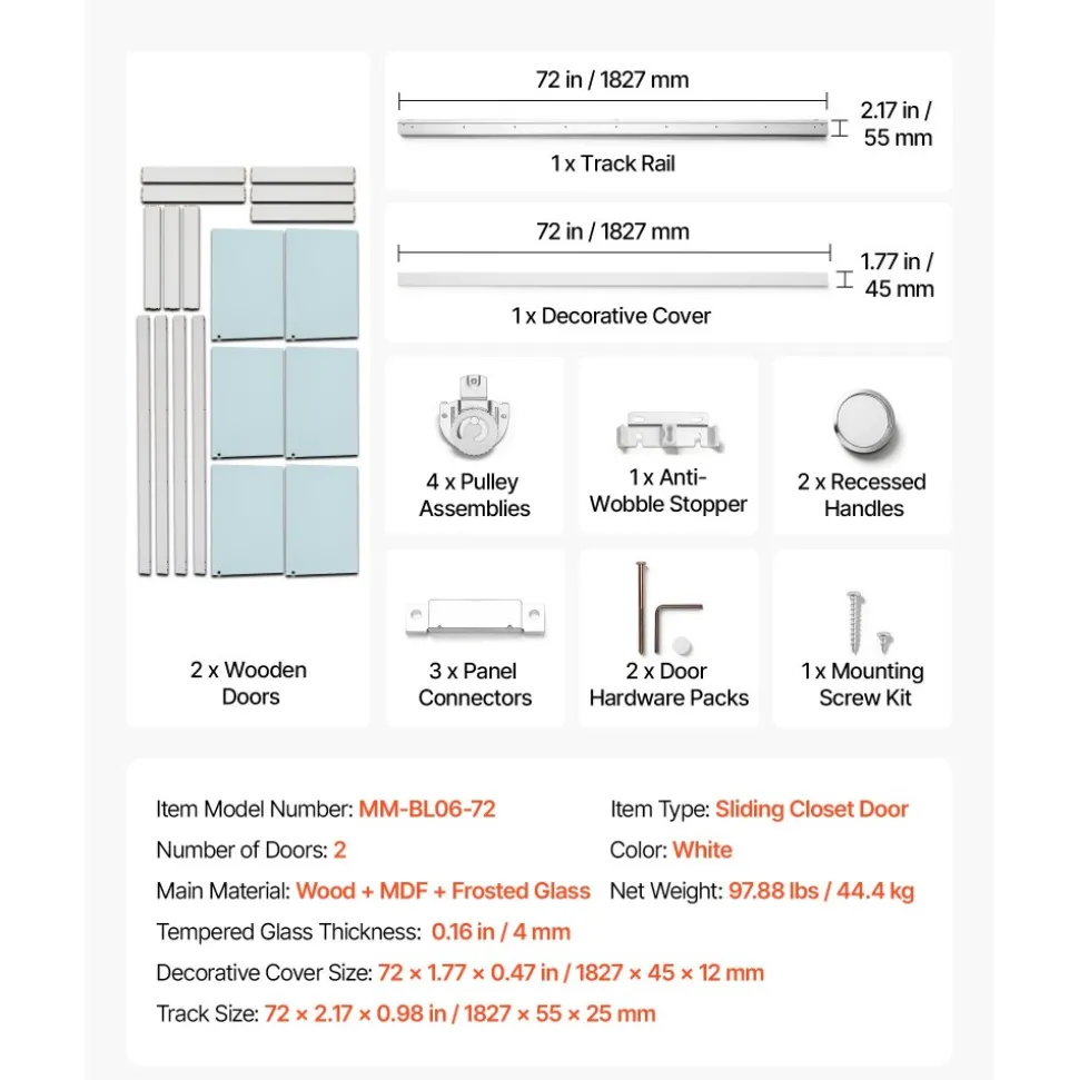 VEVOR Sliding Closet Door, 72" (Double 37") x 80", 3-Lite Frosted Glass Bypass Sliding Doors with Hardware Kit & Floor Guide, Solid Wood & MDF Slab with Water-Proof PVC Surface for Closets Bedrooms