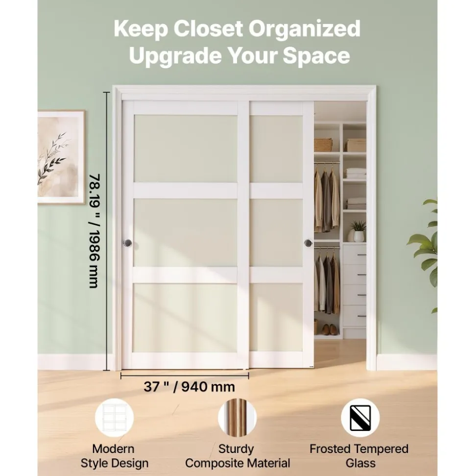 VEVOR Sliding Closet Door, 72" (Double 37") x 80", 3-Lite Frosted Glass Bypass Sliding Doors with Hardware Kit & Floor Guide, Solid Wood & MDF Slab with Water-Proof PVC Surface for Closets Bedrooms