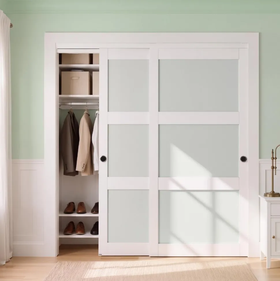 VEVOR Sliding Closet Door, 72" (Double 37") x 80", 3-Lite Frosted Glass Bypass Sliding Doors with Hardware Kit & Floor Guide, Solid Wood & MDF Slab with Water-Proof PVC Surface for Closets Bedrooms