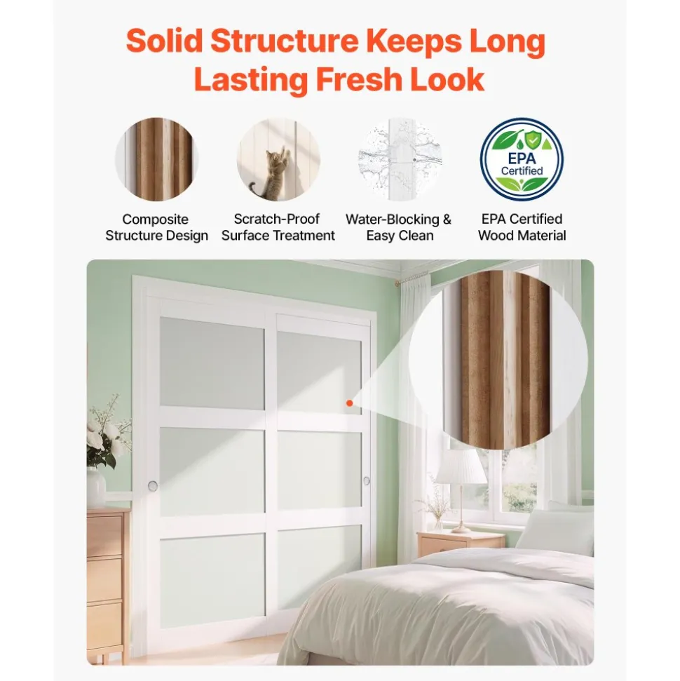 VEVOR Sliding Closet Door, 72" (Double 37") x 80", 3-Lite Frosted Glass Bypass Sliding Doors with Hardware Kit & Floor Guide, Solid Wood & MDF Slab with Water-Proof PVC Surface for Closets Bedrooms