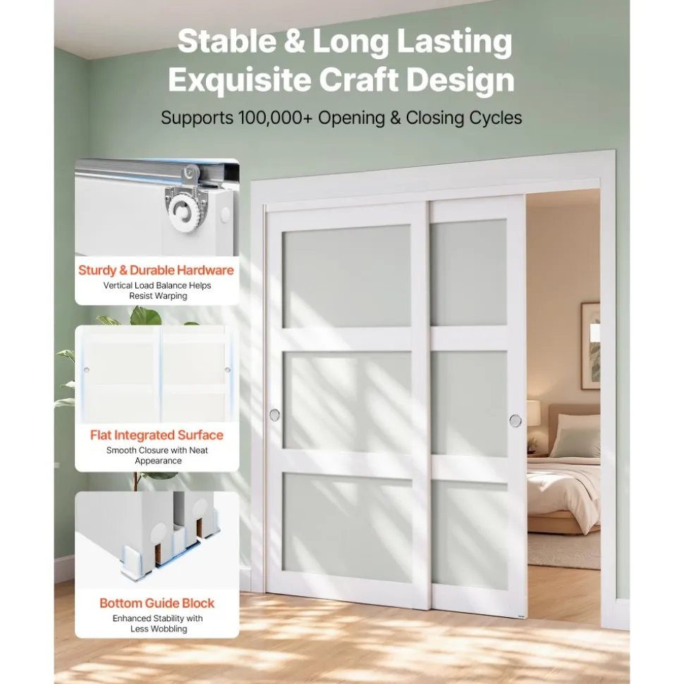 VEVOR Sliding Closet Door, 72" (Double 37") x 80", 3-Lite Frosted Glass Bypass Sliding Doors with Hardware Kit & Floor Guide, Solid Wood & MDF Slab with Water-Proof PVC Surface for Closets Bedrooms