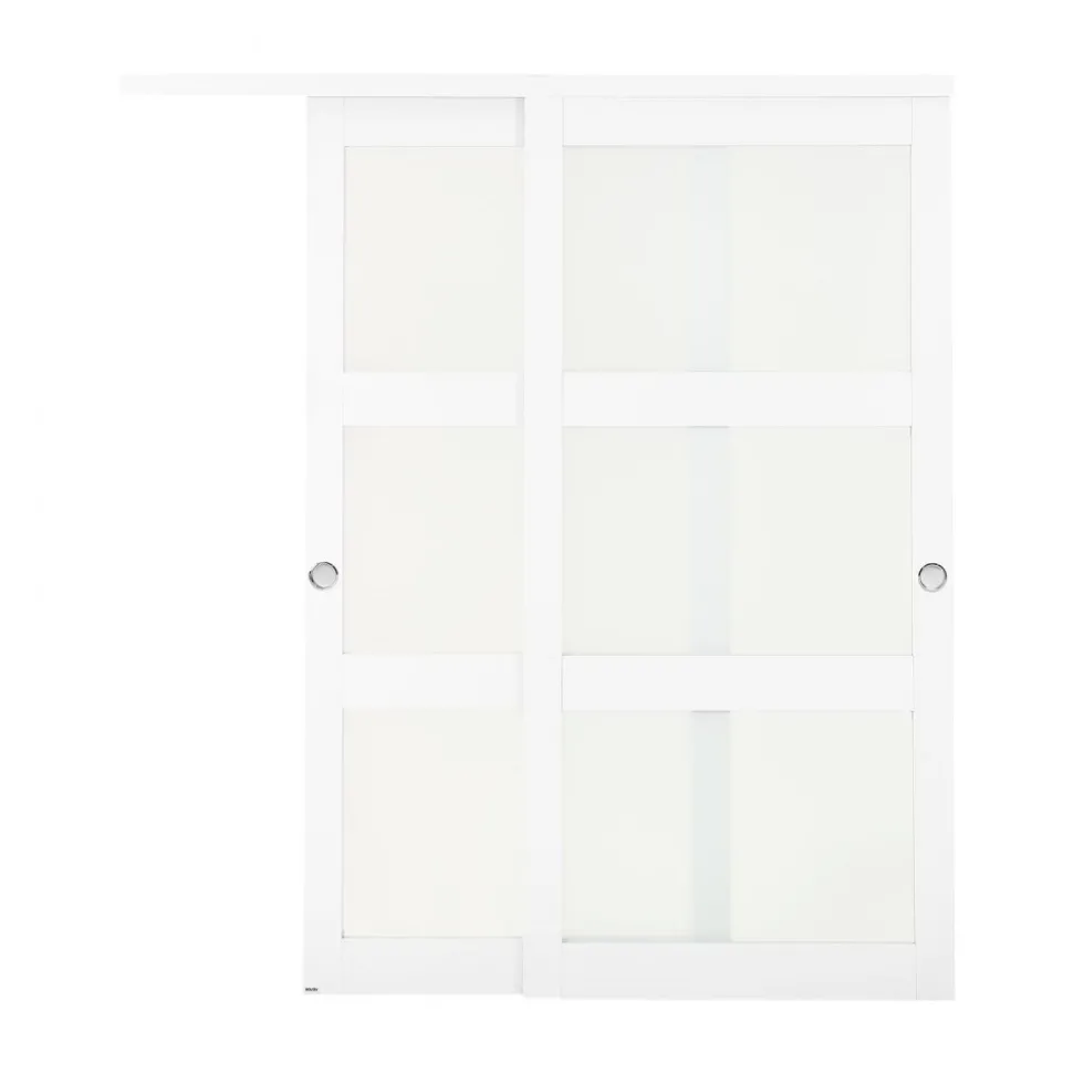 VEVOR Sliding Closet Door, 72" (Double 37") x 80", 3-Lite Frosted Glass Bypass Sliding Doors with Hardware Kit & Floor Guide, Solid Wood & MDF Slab with Water-Proof PVC Surface for Closets Bedrooms