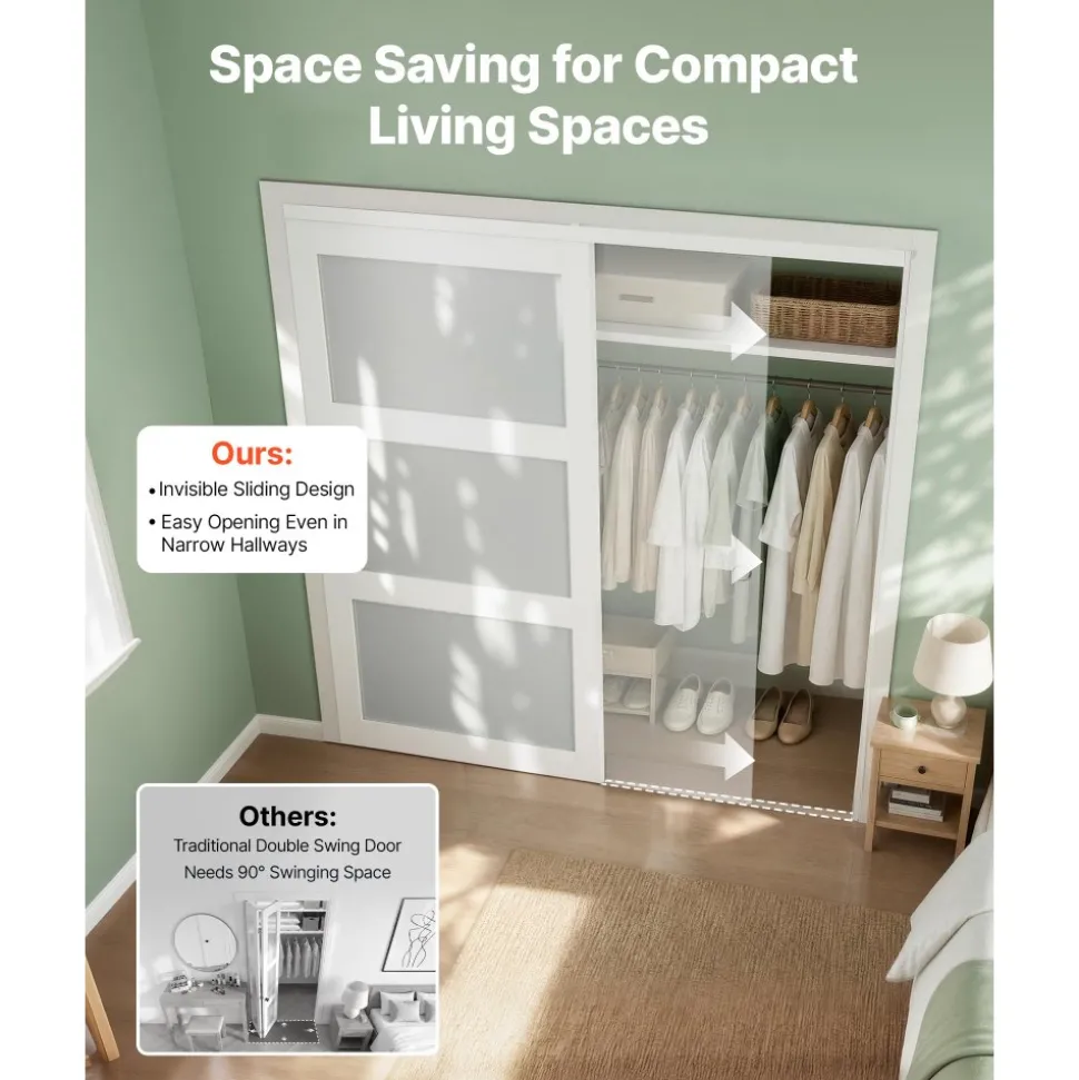VEVOR Sliding Closet Door, 72" (Double 37") x 80", 3-Lite Frosted Glass Bypass Sliding Doors with Hardware Kit & Floor Guide, Solid Wood & MDF Slab with Water-Proof PVC Surface for Closets Bedrooms
