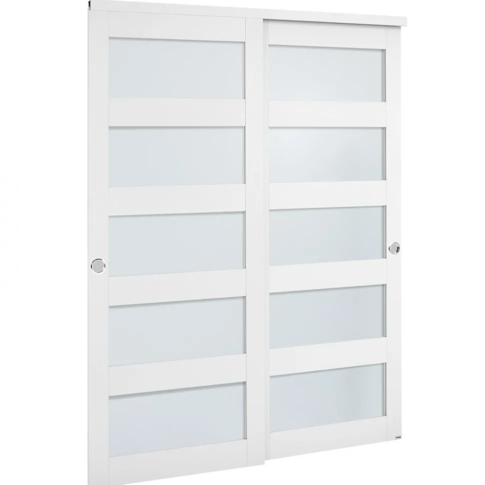 VEVOR Sliding Closet Door, 60" (Double 31") x 80", 5-Lite Frosted Glass Bypass Sliding Doors with Hardware Kit & Floor Guide, Solid Wood & MDF Slab with Water-Proof PVC Surface for Closets Bedrooms