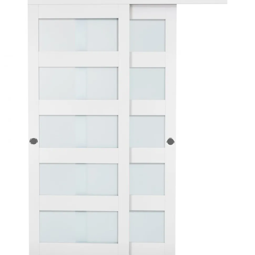 VEVOR Sliding Closet Door, 60" (Double 31") x 80", 5-Lite Frosted Glass Bypass Sliding Doors with Hardware Kit & Floor Guide, Solid Wood & MDF Slab with Water-Proof PVC Surface for Closets Bedrooms