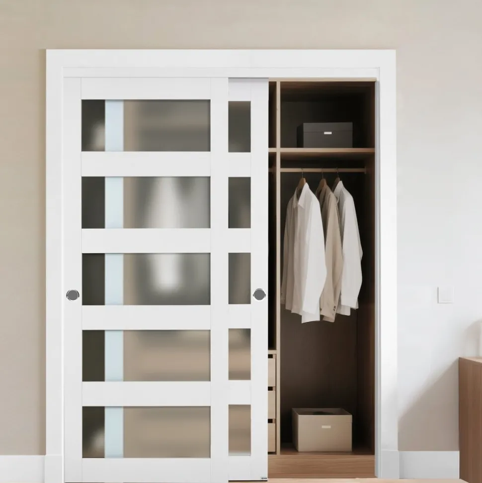 VEVOR Sliding Closet Door, 60" (Double 31") x 80", 5-Lite Frosted Glass Bypass Sliding Doors with Hardware Kit & Floor Guide, Solid Wood & MDF Slab with Water-Proof PVC Surface for Closets Bedrooms