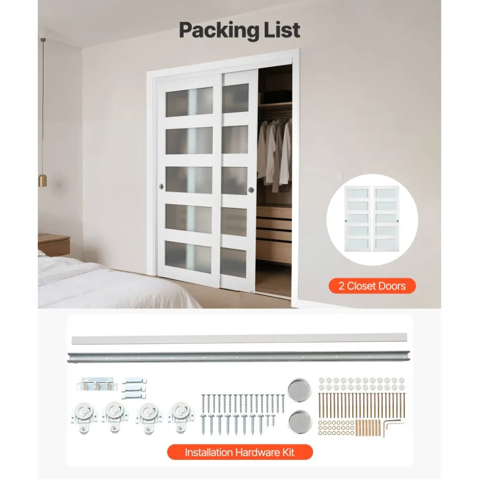 VEVOR Sliding Closet Door, 60" (Double 31") x 80", 5-Lite Frosted Glass Bypass Sliding Doors with Hardware Kit & Floor Guide, Solid Wood & MDF Slab with Water-Proof PVC Surface for Closets Bedrooms