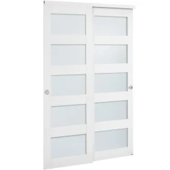 VEVOR Sliding Closet Door, 48" (Double 25") x 80", 5-Lite Frosted Glass Bypass Sliding Doors with Hardware Kit & Floor Guide, Solid Wood & MDF Slab with Waterproof PVC Surface for Closets Bedrooms