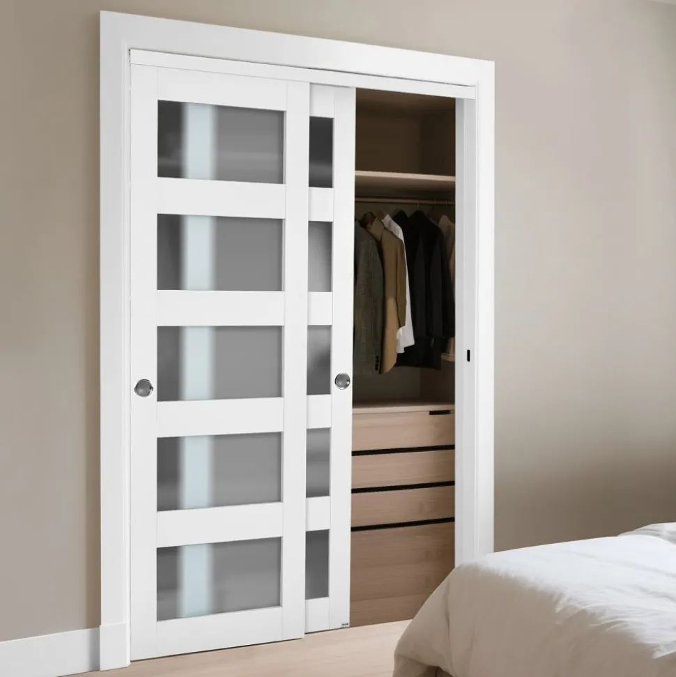 VEVOR Sliding Closet Door, 48" (Double 25") x 80", 5-Lite Frosted Glass Bypass Sliding Doors with Hardware Kit & Floor Guide, Solid Wood & MDF Slab with Waterproof PVC Surface for Closets Bedrooms