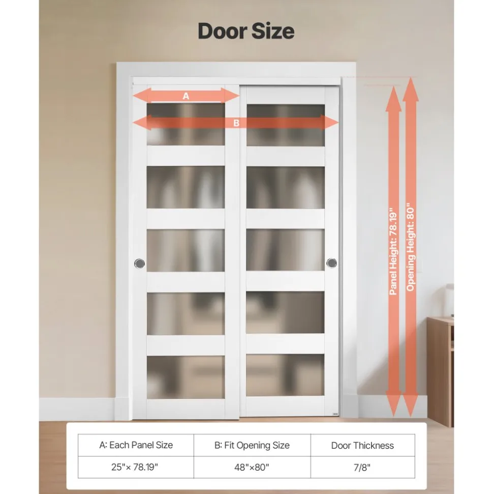 VEVOR Sliding Closet Door, 48" (Double 25") x 80", 5-Lite Frosted Glass Bypass Sliding Doors with Hardware Kit & Floor Guide, Solid Wood & MDF Slab with Waterproof PVC Surface for Closets Bedrooms