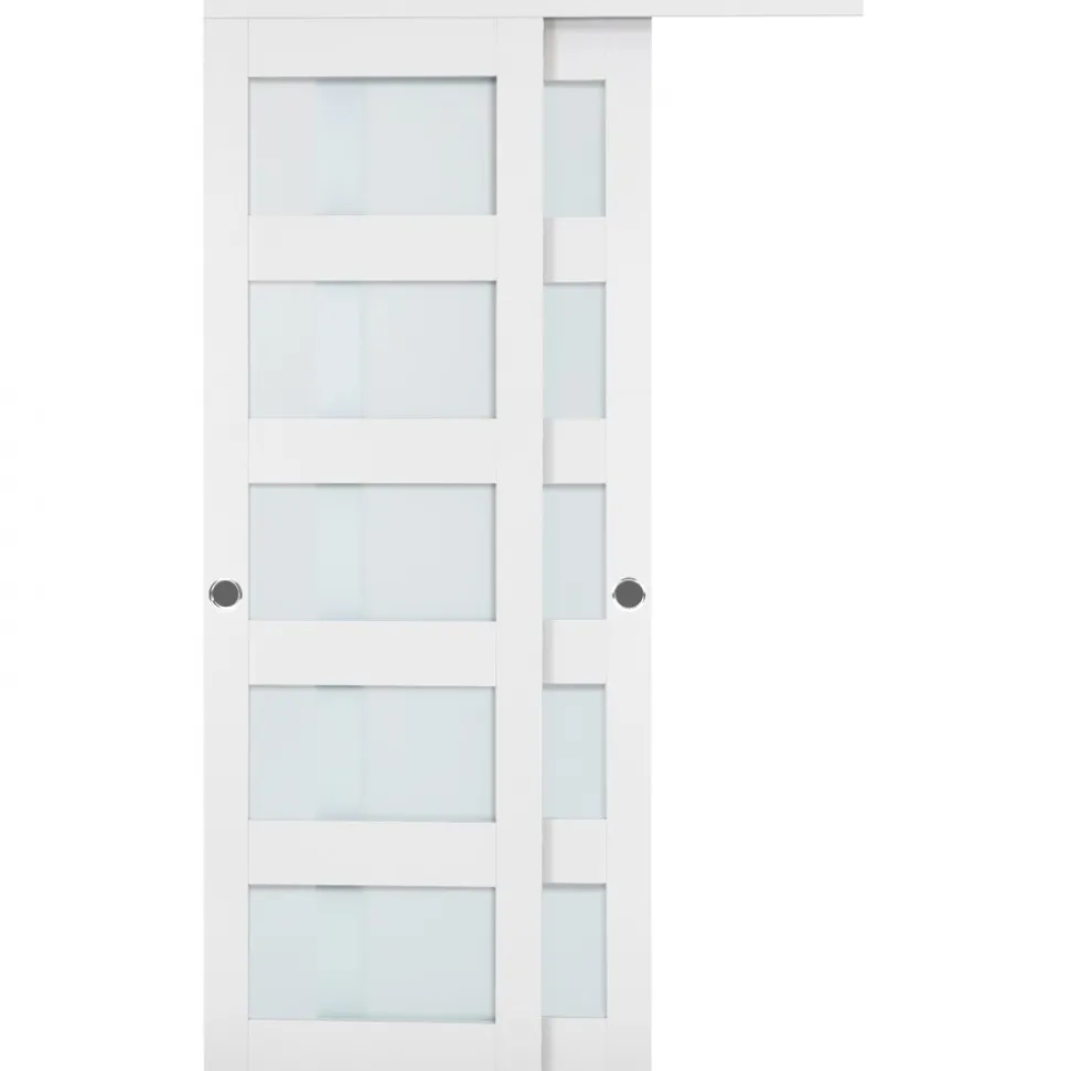 VEVOR Sliding Closet Door, 48" (Double 25") x 80", 5-Lite Frosted Glass Bypass Sliding Doors with Hardware Kit & Floor Guide, Solid Wood & MDF Slab with Waterproof PVC Surface for Closets Bedrooms