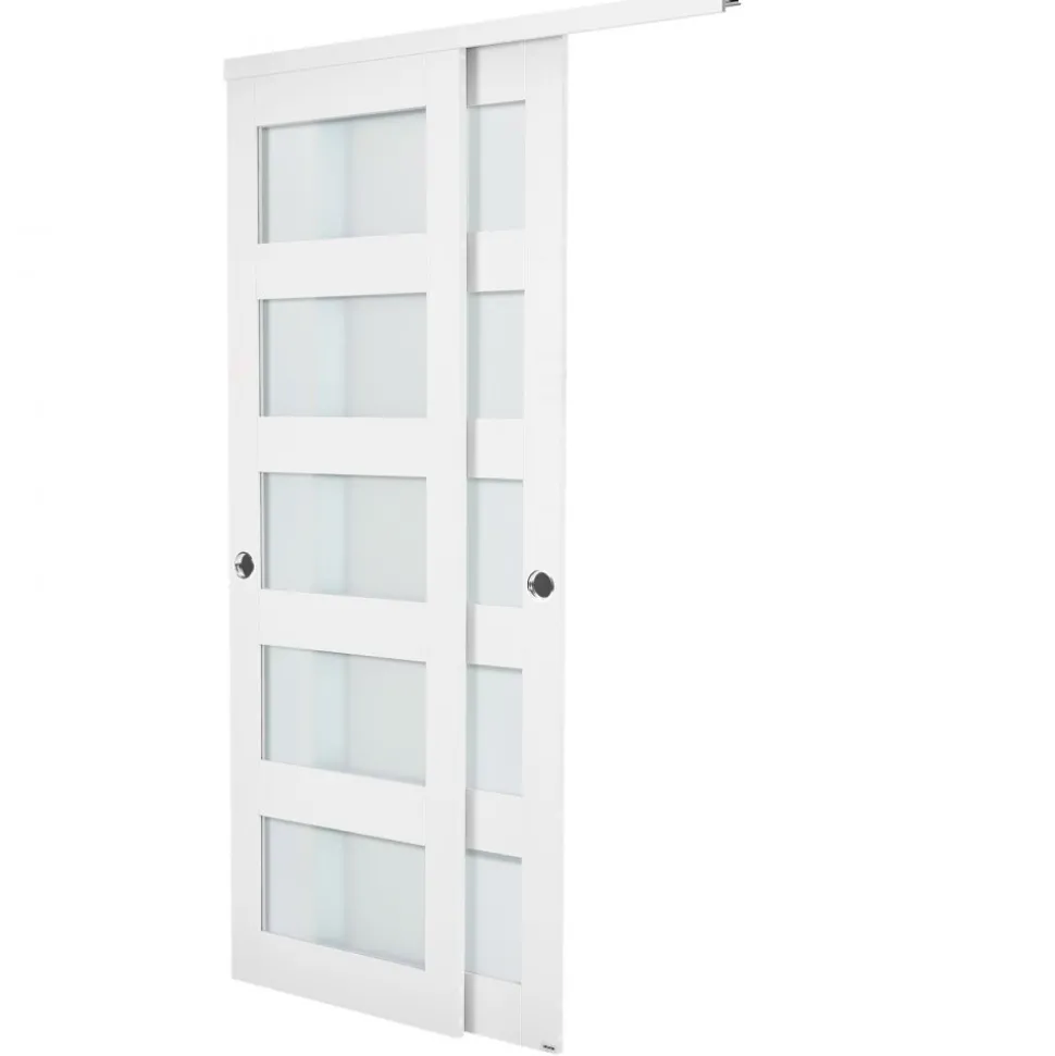 VEVOR Sliding Closet Door, 48" (Double 25") x 80", 5-Lite Frosted Glass Bypass Sliding Doors with Hardware Kit & Floor Guide, Solid Wood & MDF Slab with Waterproof PVC Surface for Closets Bedrooms