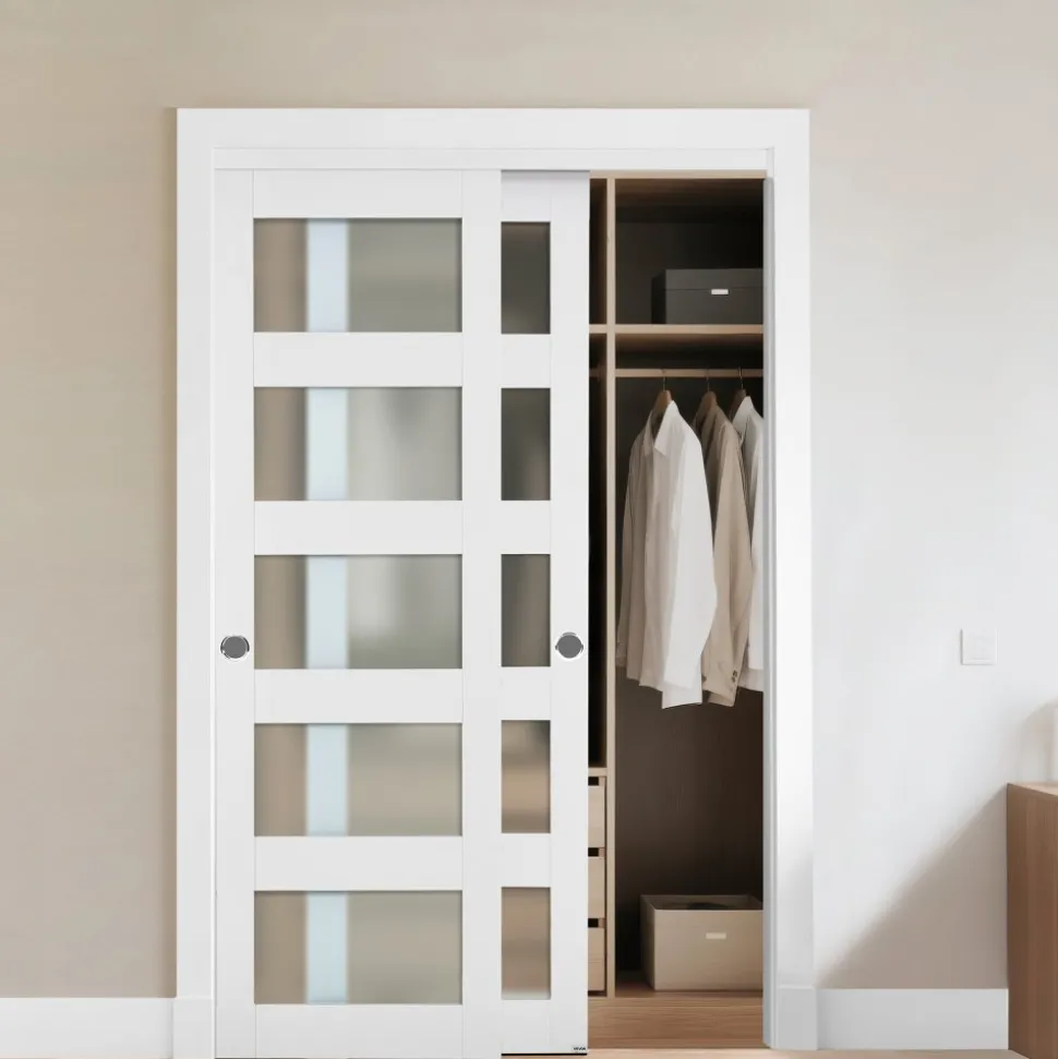 VEVOR Sliding Closet Door, 48" (Double 25") x 80", 5-Lite Frosted Glass Bypass Sliding Doors with Hardware Kit & Floor Guide, Solid Wood & MDF Slab with Waterproof PVC Surface for Closets Bedrooms