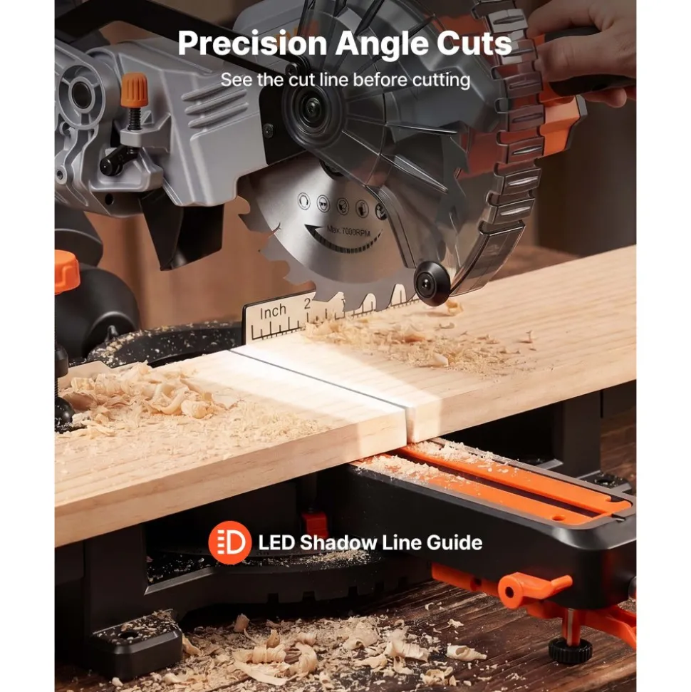 VEVOR Sliding Compound Miter Saw, 7-1/4 inch Blade, DC 18.5V Cordless Miter Saw, with LED Precision Alignment, Adjustable Angles, Battery and Charger Included, for Cutting Wood, Metals, Laminates