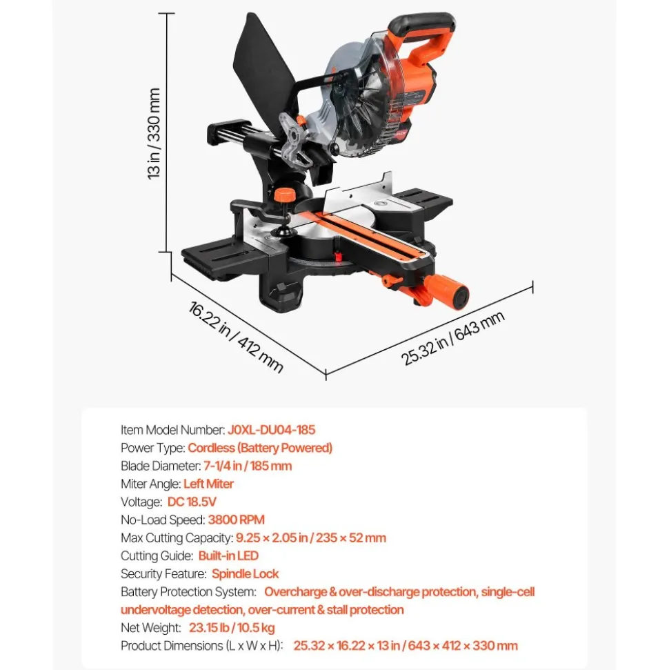 VEVOR Sliding Compound Miter Saw, 7-1/4 inch Blade, DC 18.5V Cordless Miter Saw, with LED Precision Alignment, Adjustable Angles, Battery and Charger Included, for Cutting Wood, Metals, Laminates
