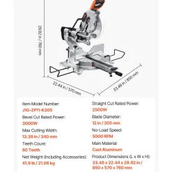 VEVOR Sliding Compound Miter Saw, 10-Inch Blade, 15 Amp Motor, 60-Tooth, Corded Double Bevel Sliding Miter Saw, LED Precision Alignment, Angle Adjustable, for Wood, Composite Decking, Laminates