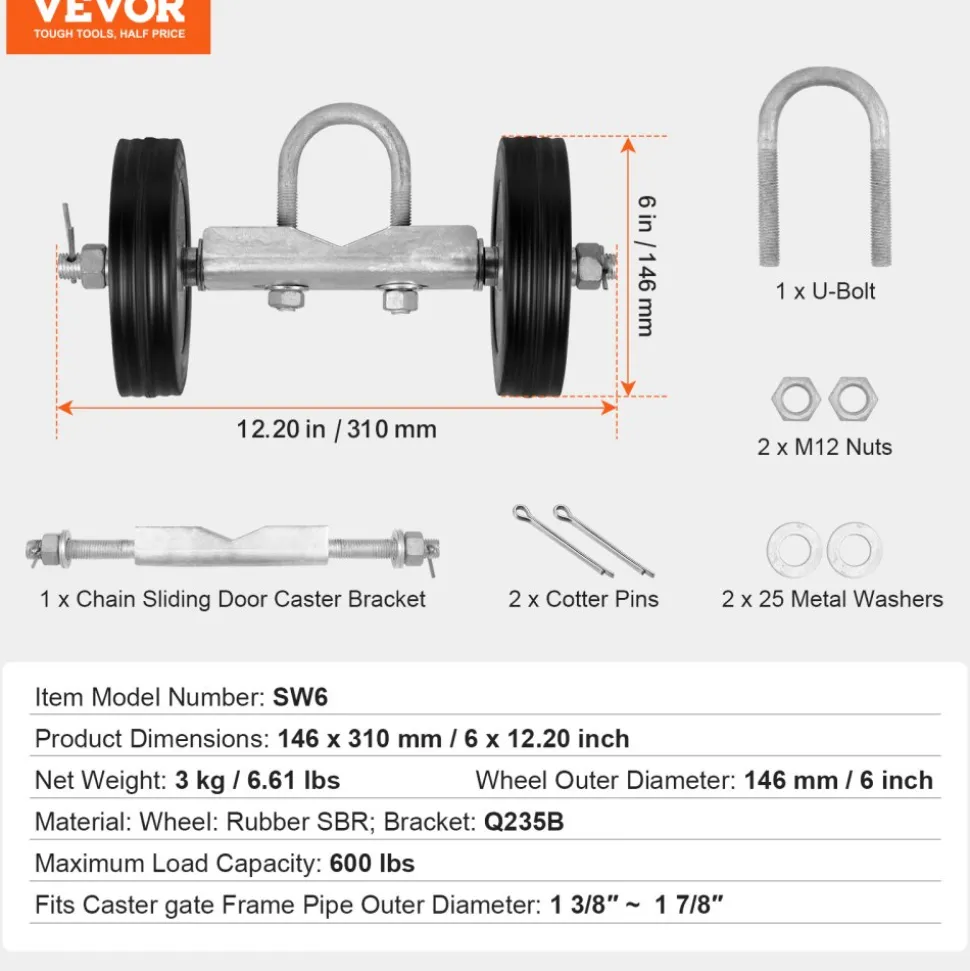 VEVOR Sliding Gate Kit, 6” Rolling Gate Hardware Kit, Universal Sliding Gate Rollers Track Wheels, Heavy Duty Sliding Gate Guide Roller for Sliding Gates and Rolling Door,600 lbs Max. Load,Black