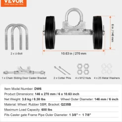 VEVOR Sliding Gate Kit, 6” Rolling Gate Hardware Kit, Universal Adjustable Sliding Gate Rollers Track Wheels, Heavy Duty Sliding Gate Guide Roller for Sliding Gates and Rolling Door,600lbs Load,Black