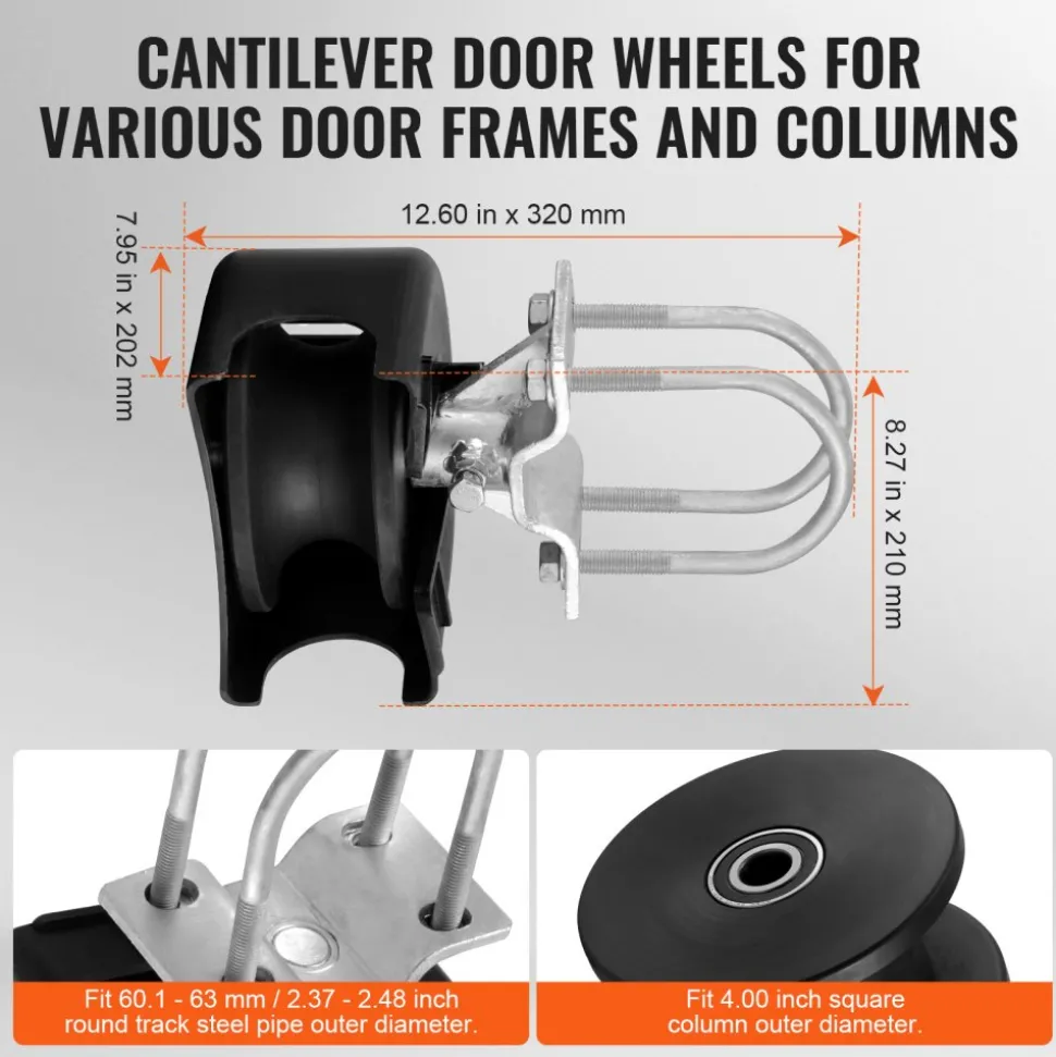 VEVOR Sliding Gate Kit, Rolling Gate Hardware Kit w/ U-Shaped Wheel Groove for Cantilever Sliding Gates and Rolling Door, Sliding Gate Rollers 4 Track Wheels w/ Cover, Heavy Duty Sliding Roller,Black