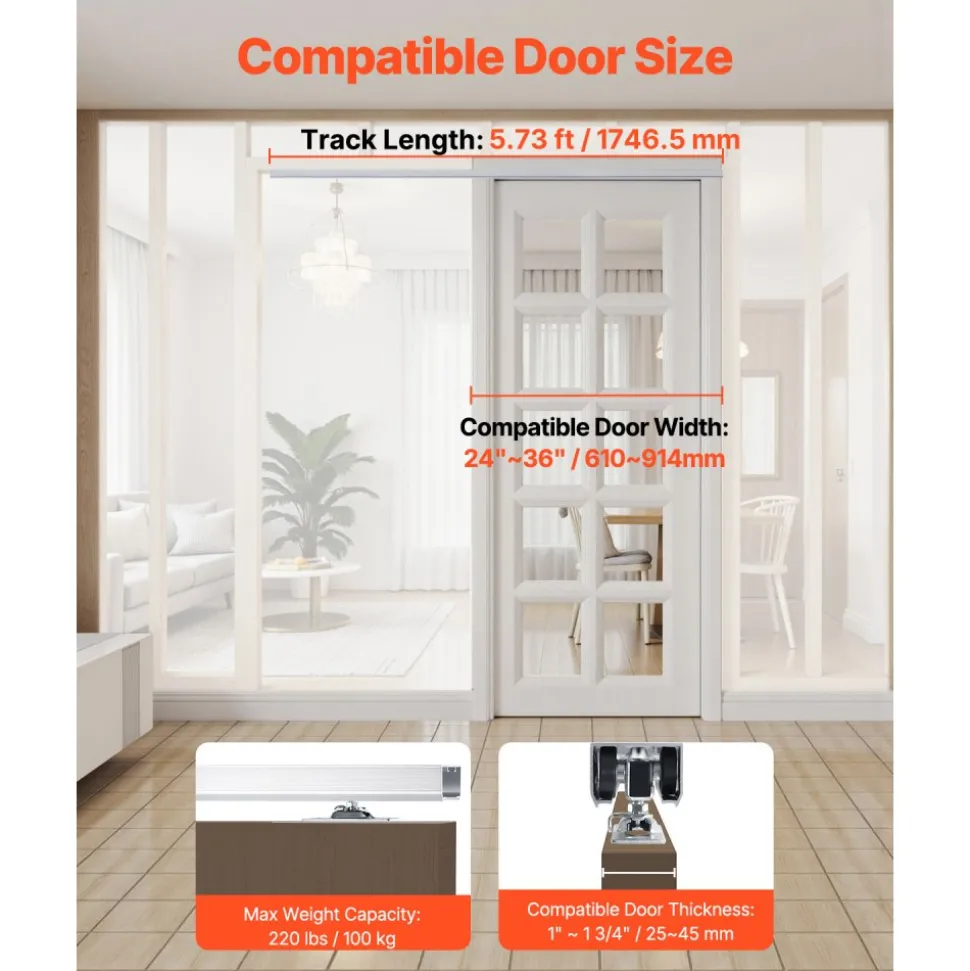 VEVOR Sliding Pocket Door Hardware Track Kit, 5.73 ft Heavy Duty Pocket Door Hardware Kit, Commercial Grade Pocket Door Hardware and Track Set for 24"-36" Wide Single Door, Smoothly and Easy to Install