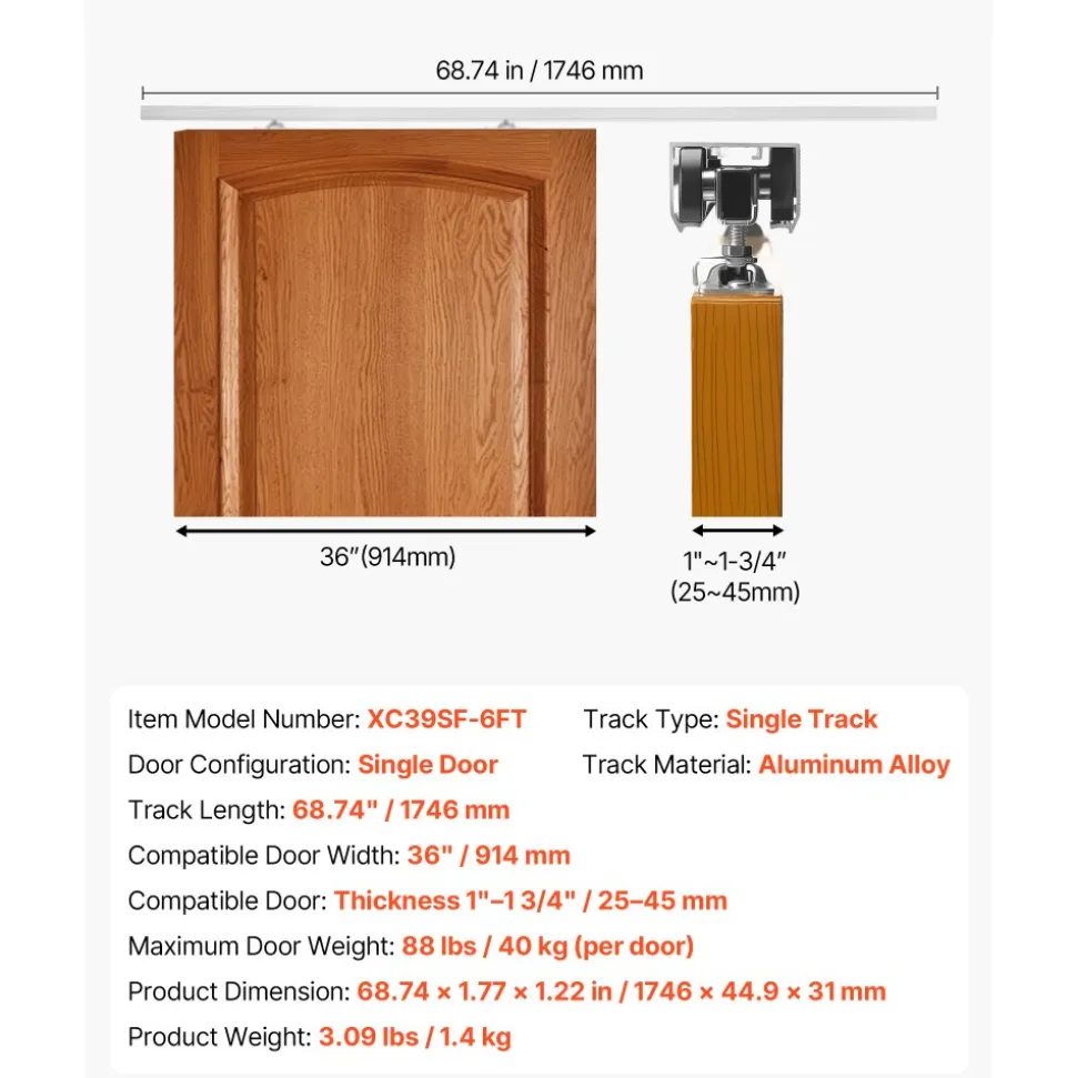 VEVOR Sliding Pocket Door Hardware Track Kit, 68.74" Pocket Door Track Kit with Soft Close Mechanism for Smooth and Quiet Sliding, Easy to Install, for 1" to 1 3/4" Thickness 36" Width Single Door