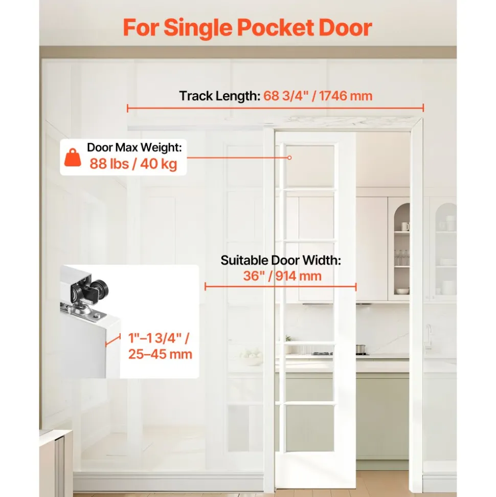 VEVOR Sliding Pocket Door Hardware Track Kit, 68.74" Pocket Door Track Kit with Soft Close Mechanism for Smooth and Quiet Sliding, Easy to Install, for 1" to 1 3/4" Thickness 36" Width Single Door