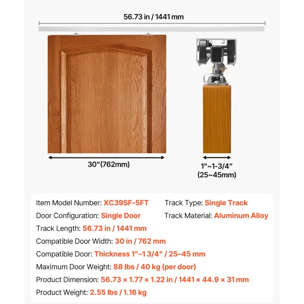 VEVOR Sliding Pocket Door Hardware Track Kit, 56.73" Pocket Door Track Kit with Soft Close Mechanism for Smooth and Quiet Sliding, Easy to Install, for 1" to 1 3/4" Thickness 30" Width Single Door