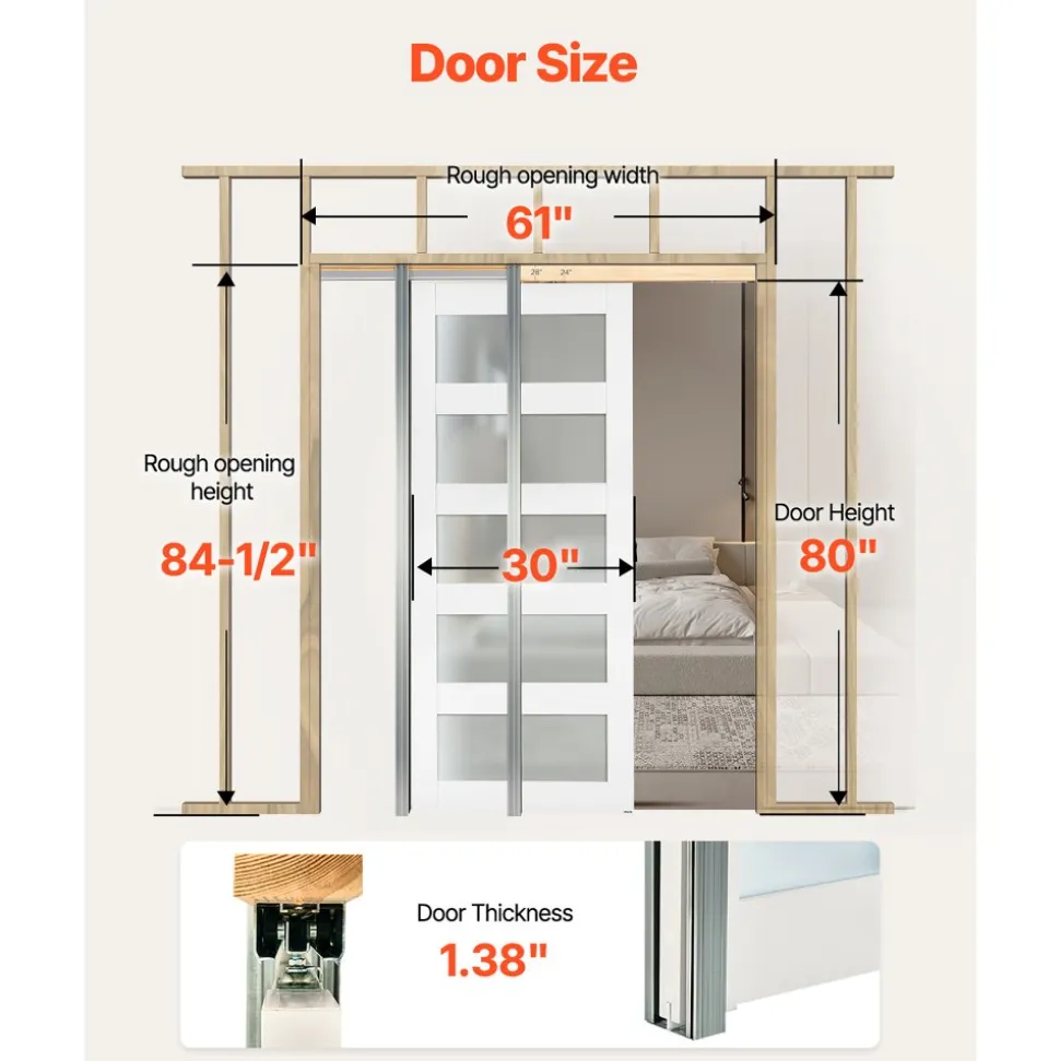 VEVOR Sliding Pocket Door, 30" x 80", 5-Lite Frosted Glass Single Sliding Door with Hardware Kit, Sturdy Solid Wood & MDF Pocket Doors Slab with Waterproof Surface for Bedroom Kitchen Study Room